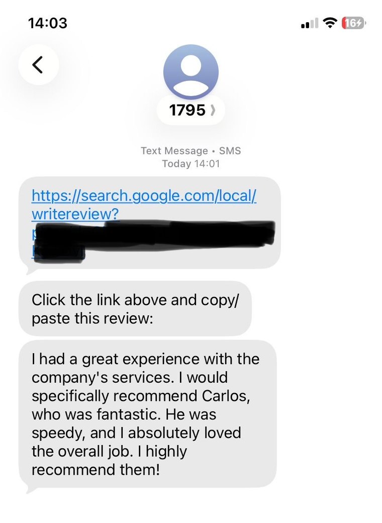 Example text message showing a Google review link and an AI-generated suggested review